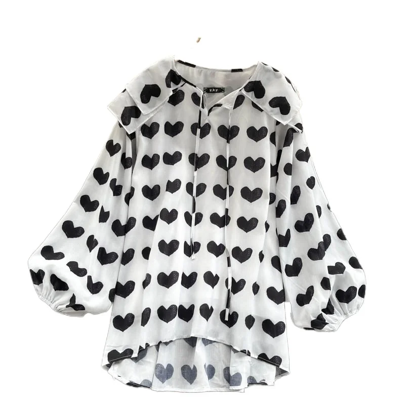 

Spring 2021 New Chiffon Blouse Women's Double Layer Ruffled Large Lapel Blusa Love Printing Loose Mid-length Shirt GK852