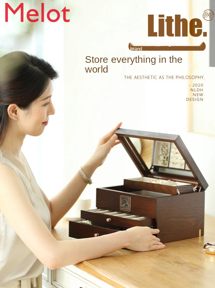 

Ear Studs Earrings Necklace Storage Box Jewelry Box Large Capacity Wooden Drawer Household Makeup Mirror