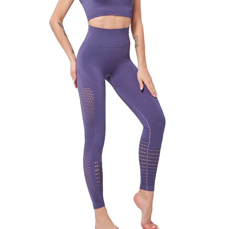 Бесшовные штаны для йоги женщин Компрессионные Леггинсы с отверстиями леггинсы