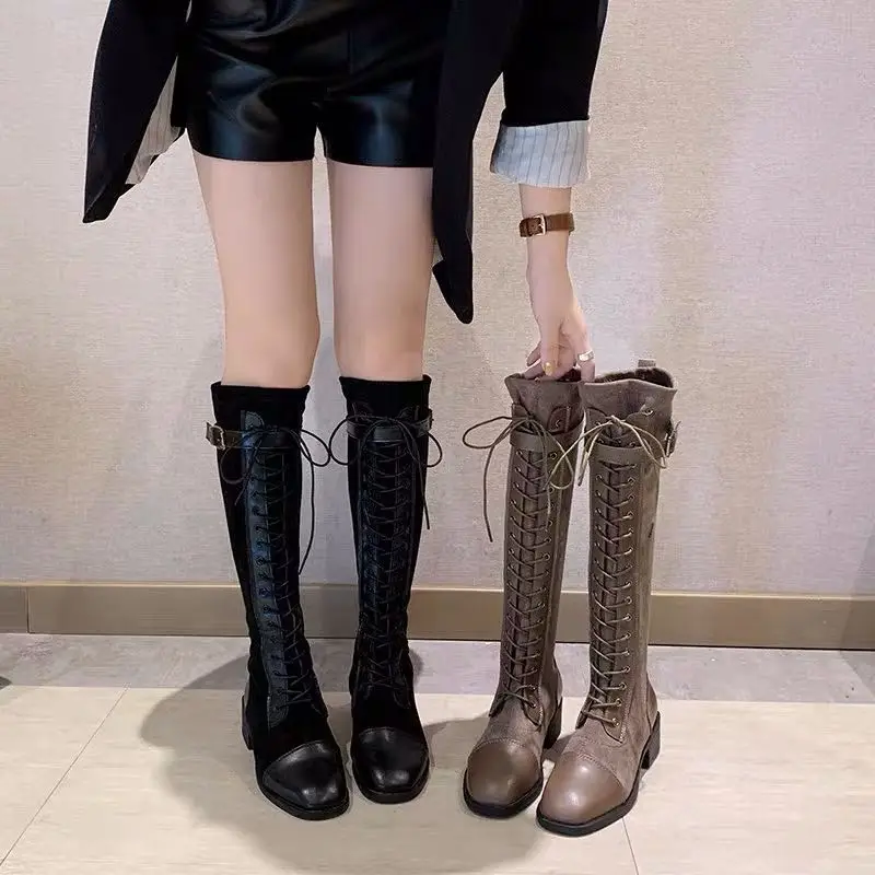 Осень 2020 новые брендовые сапоги на толстом каблуке до колена плюшевые теплые
