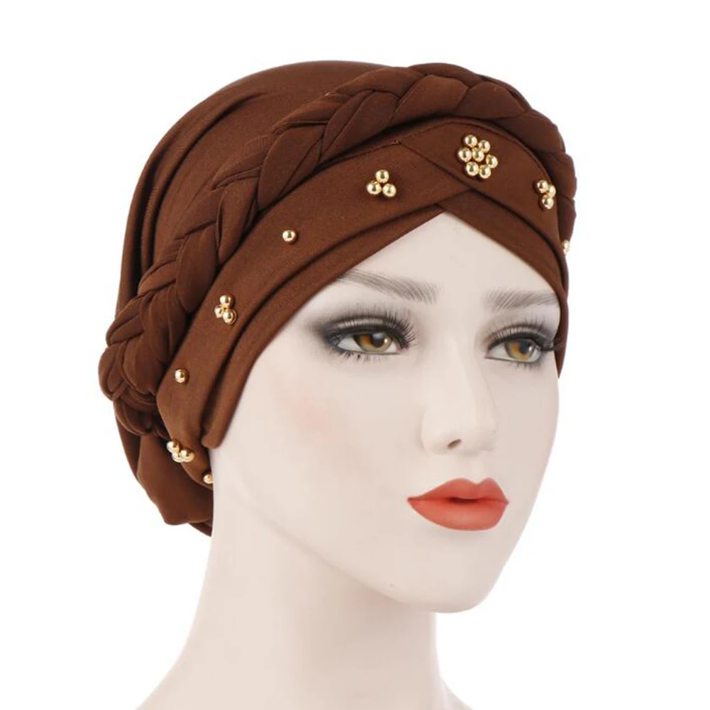 Модная мусульманская шляпа однотонный тюрбан кепка элегантные бусы коса