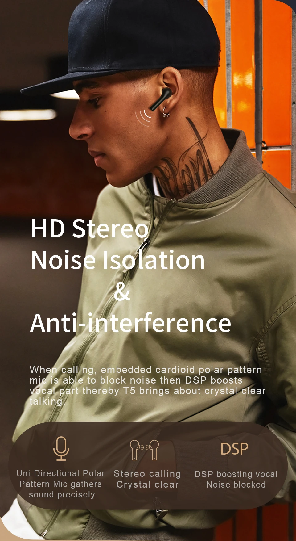 QCY T5 Bluetooth 5,0, беспроводные наушники, спортивные наушники для бега, сенсорное управление и удобное ношение с двойным микрофоном