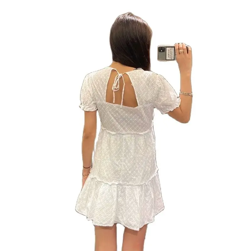 

Za 2021 White Cutwork Embroidery Dresses Women Casual Short Puff Sleeve Woman Sumdress Chic Ruffle Tied Opening Back Mini Dress
