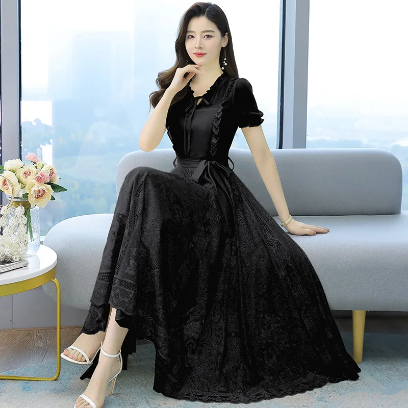 

Spring and summer Korean version of large size short sleeve chiffon lace stitching temperament fashion slim dress female tide
