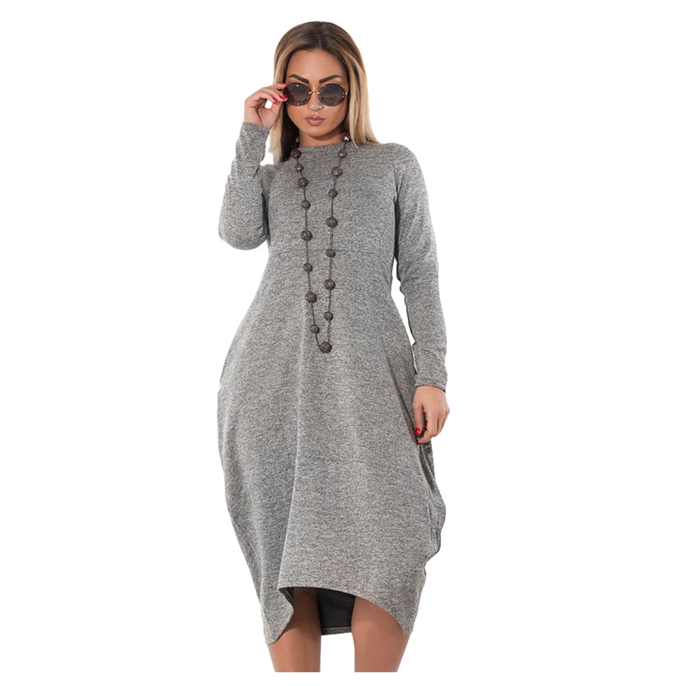 Женское модное осенне-зимнее платье однотонное офисное большого размера с