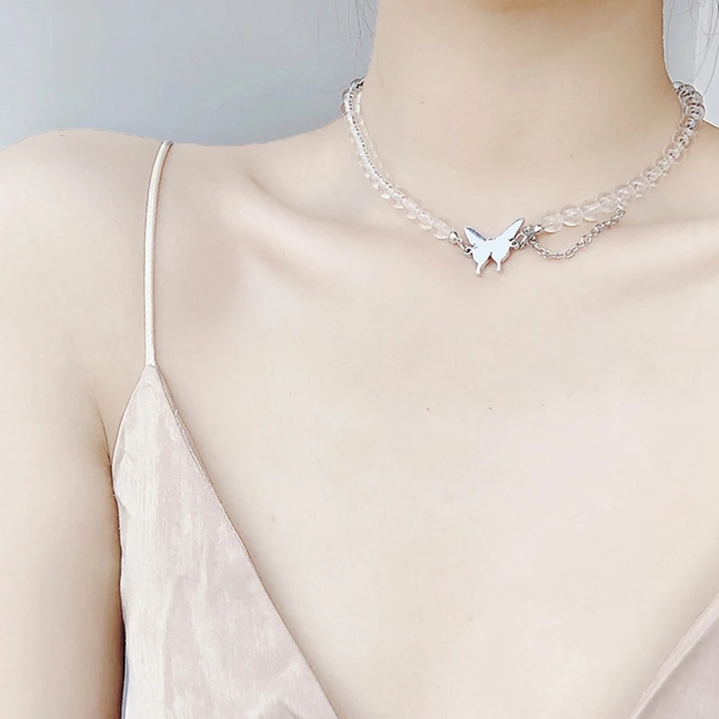 

1pc Stainless Steel Butterfly Choker Necklace Fashion Female Tide Transparent Cute Beaded Choker Chain Clavicle Necklace COSYOO