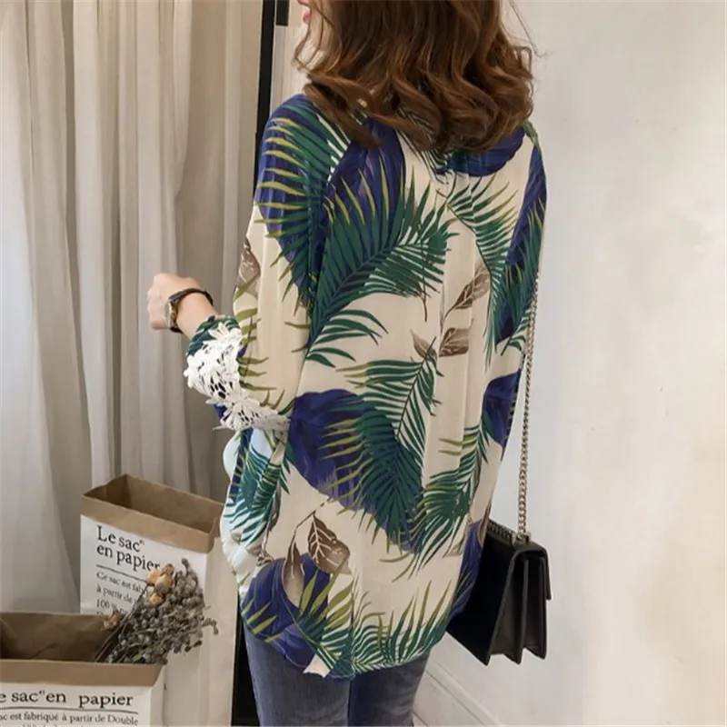 Новые женские летние топы с принтом Блузки 2021 модные рубашки кружевом 3/4 блузка