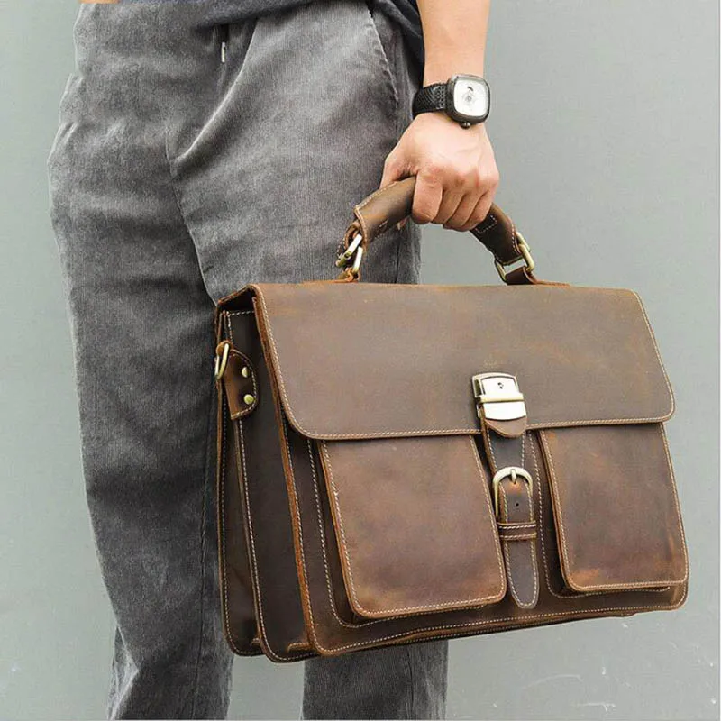 Men Big Briefcase Bag Crazy Horse Leather Man Handbag Genuine Cow Leather Messenger Bag Male Laptop Business Office Shoulder bag