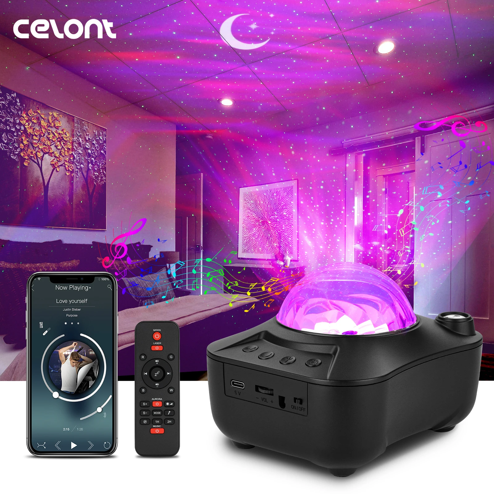 

Aurora Starry Sky Projector Galaxy Northern Light Ocean Wave Projection With White Noise Night Light Nebula Star Lamp Room Decor