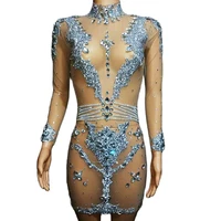 shining daimonds mesh transparent women dresses tight stretch short dresses nightclub performance dancing party outfits