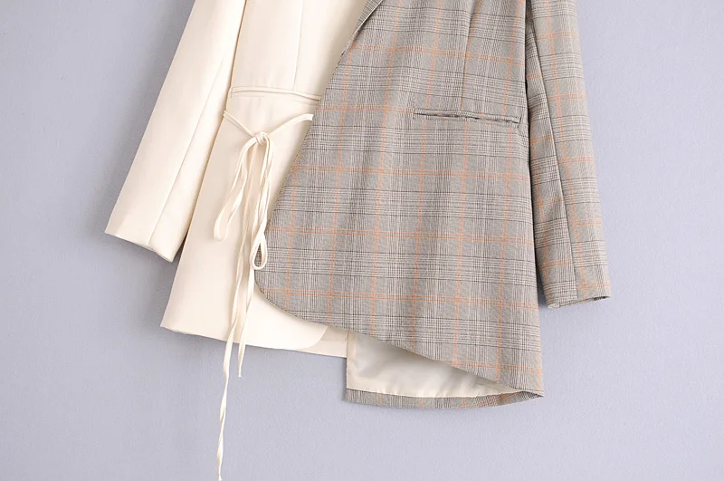 

TMODA363 Za Women's Fashion Stitching Asymmetrical Blazer Notched Collar Personality Sashes Long Sleeved Wild Plaid Casual Coat
