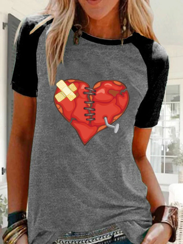 

Casual Short Sleeve Round Neck T-shirt Women's New Fashion Loose Heart Printed Raglan Sleeve Shirt Plus Size Blouse Tops