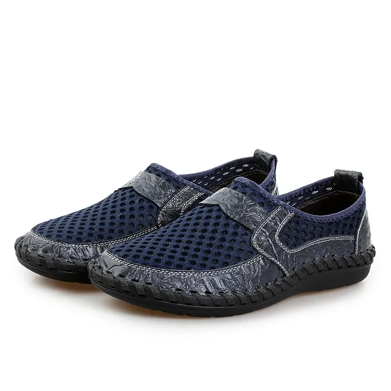 

Fashion Split leather and mesh shoes for men 2021 breathable sneakers Male Hand-stitched Summer Loafers Moccasins Mens Flats