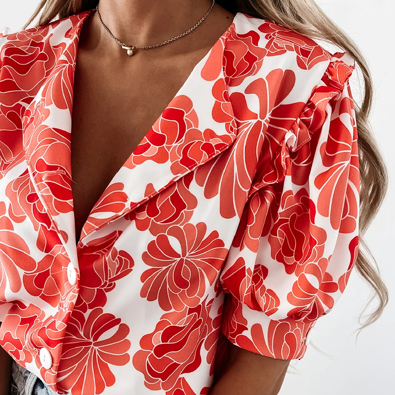 

Women Floral Print Lantern Sleeve Ruffles Casual Button Tops Summer V-Neck T-Shirts Office Female Elegant Clothing 2021 Popular