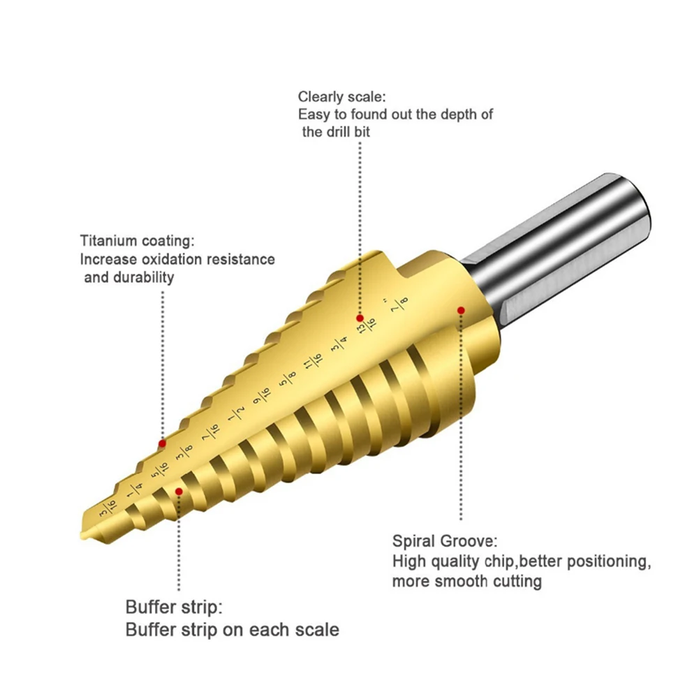 

5pcs Hss Step Drill Tool Kits Golden Titanium High Hardness and Wear-resistant Hand Tool Sets with Non-slip Handle Multitool