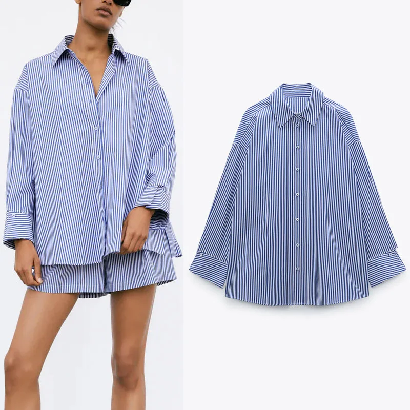 

Za летние Полосатые блузки из поплина 2021, Женская обувь в винтажном стиле с отложным воротником с длинными рукавами и пуговицами для детей; Т...