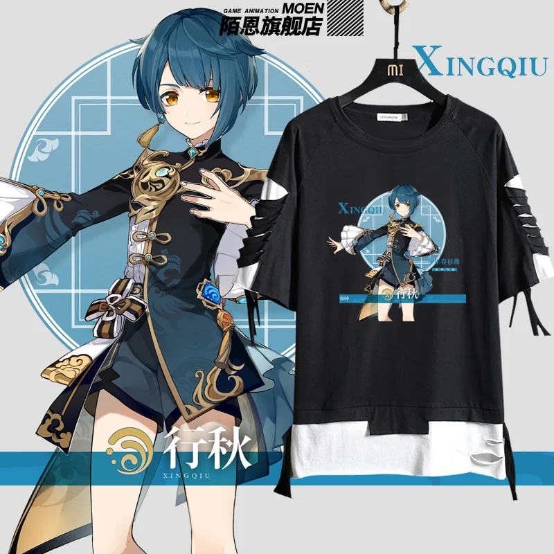 

Genshin Impact XingQiu Keqing Qiqi Manga cosplay Short Sleeve Cotton T-shirt Japan Anime Game Tee Tops Oversized Clothes suits