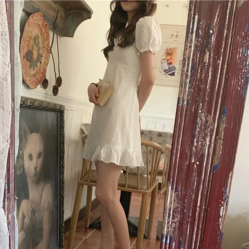 

Short Sleeve Dress Summer Solid Elegant Retro V-neck Slim Mini Dresses Female Sweet Cute Fashion Korean Style All-match Casual