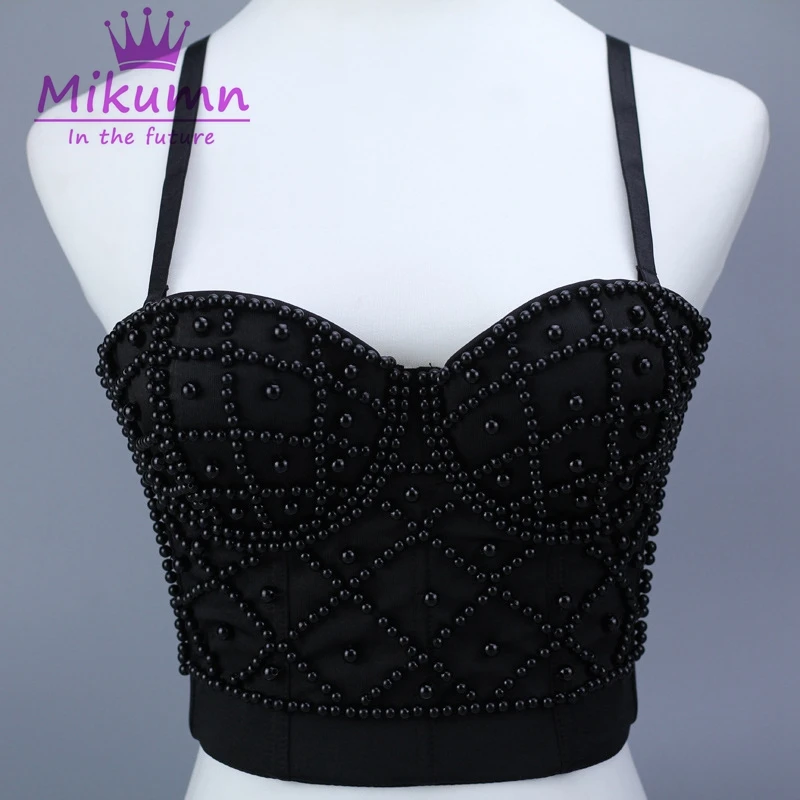 Черный белый жемчуг Bralet Corselet женский ночной клуб вечерние бюстье бюстгальтер обрезанный Топ Плюс Размер Camis Mujer