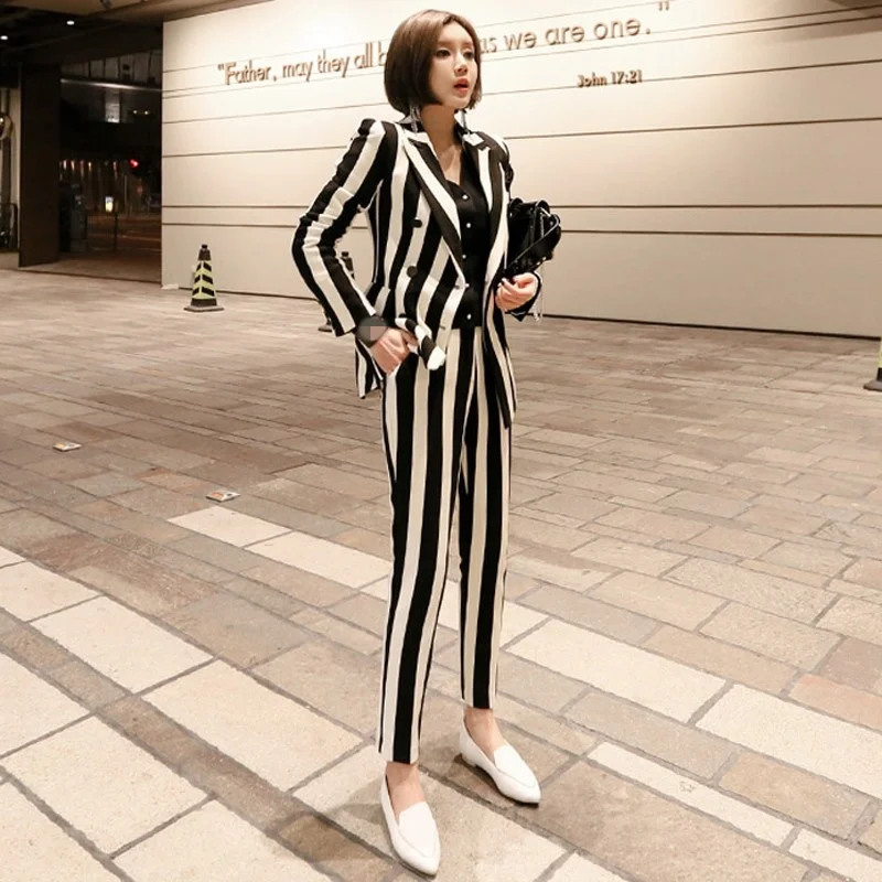 Winter New Womens Striped Double Breasted Blazer Jacket Slim Fit Pencil Pants 2 Pieces Suits Sets Business OL Sets Female