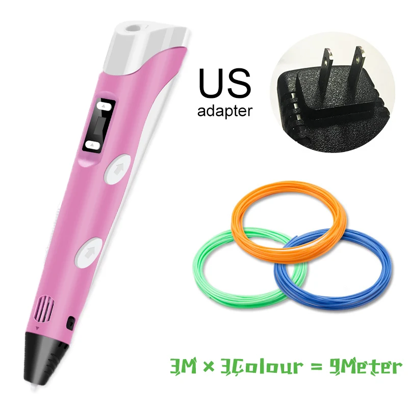 PINK 3m3color US 3D Ручка, три D принтера, ручка для рисования с пластиком, 100 м, PLA/ABS нити, для творчества, подарок на день рождения, Оригинальные рождественские подарки - Цвет: PINK 3m3color US