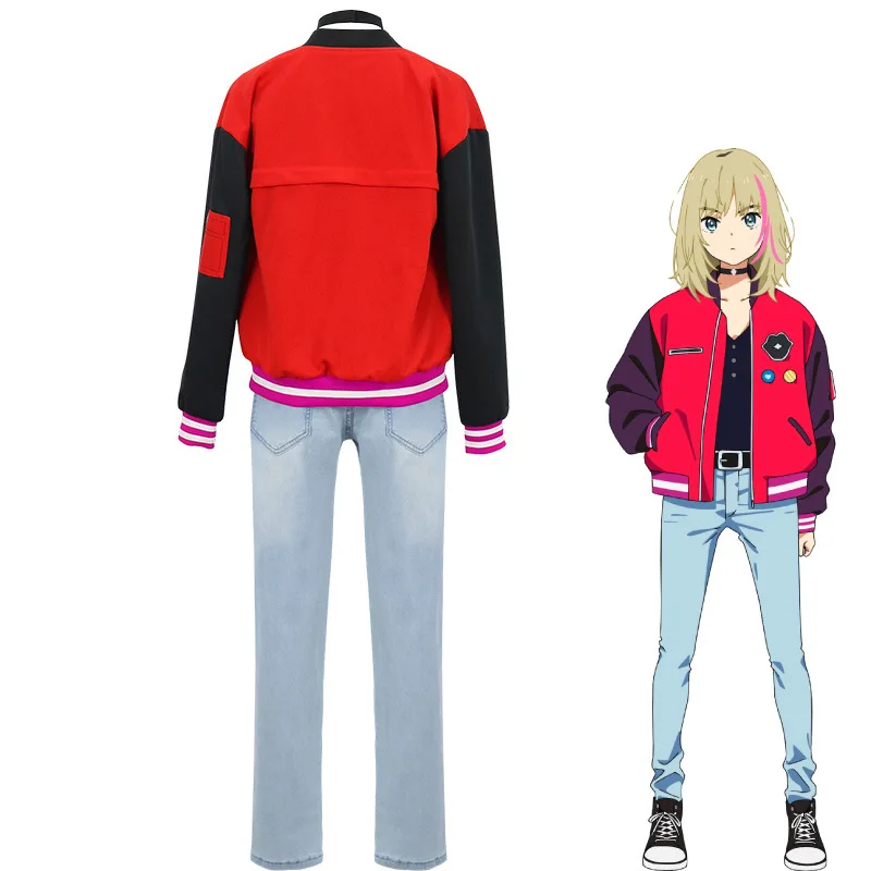 Cosplay Costume Anime WONDER EGG PRIORITY Kawai Rika Uniform Suit Fashion Red Jacket Jeans Tops Wig