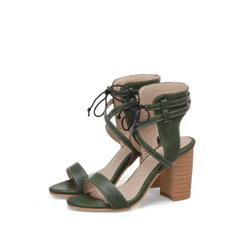 

2019 Rome Summer Shoes Women Brown Beige Green Block High Heels Cross Strap Ankle Lacing Gladiator Sandals Boot Big Size