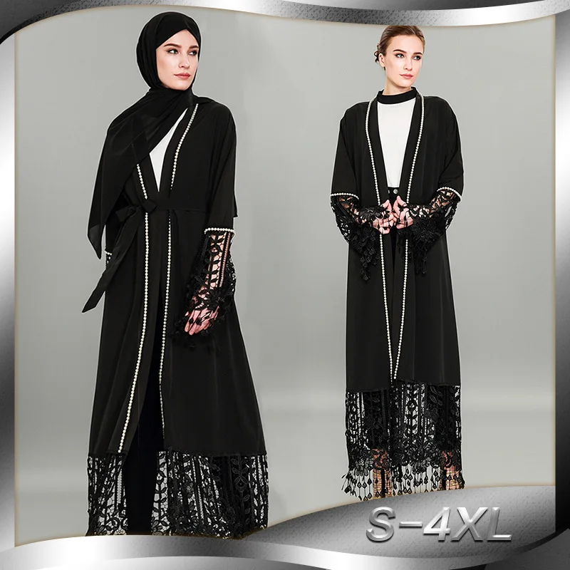 Комплекты одежды, черные кружевные платья с открытой кисточкой для женщин, длинные мусульманские женские спортивные костюмы, мусульмански...