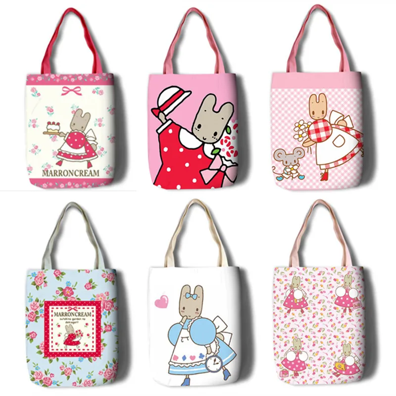

Модные милые коричневые холщовые сумки через плечо с кремовым Кроликом, женские Многоразовые Экологичные сумки для покупок, повседневные школьные сумки для книг для девочек
