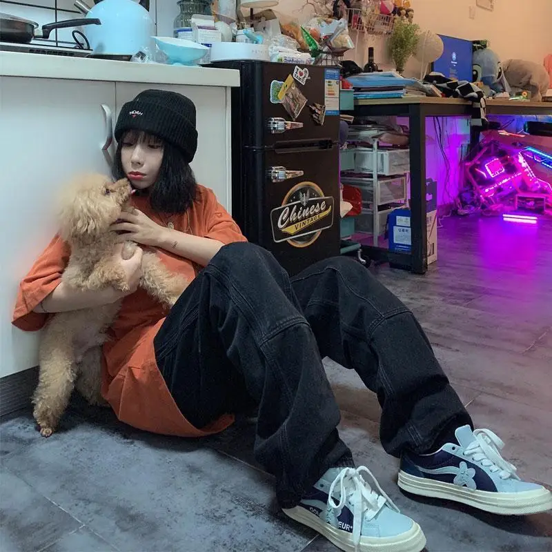 

Retro Jeans Women Harajuku Vintage Black Street BF Style Chic College Teens Streetwear All-match Loose Fashion Femme Trousers