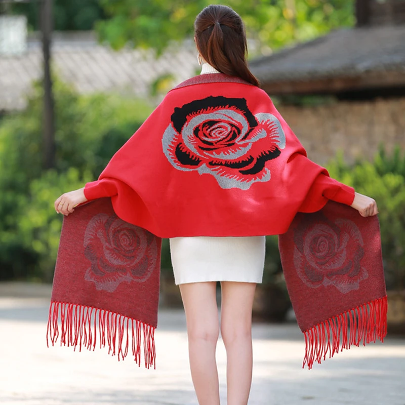 

Versatile new cashmere Poncho shawl with sleeves women in autumn and winter thick warm double-sided solid tassel cloak girls