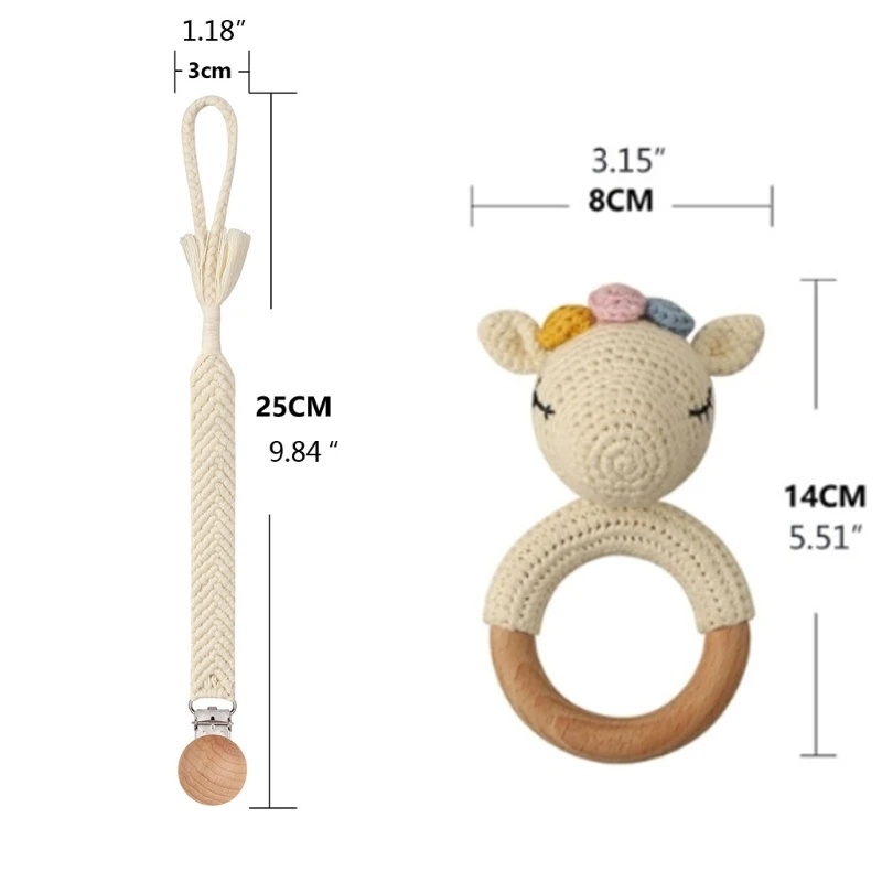 

1 Set Baby Rattle Toys Beech Wooden Teething Ring Teether Pacifier Chain Clips
