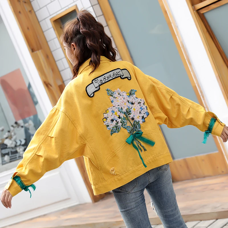 Джинсовая куртка женская 2019 осень вышивка цветок лук ковбой свободные джинсы