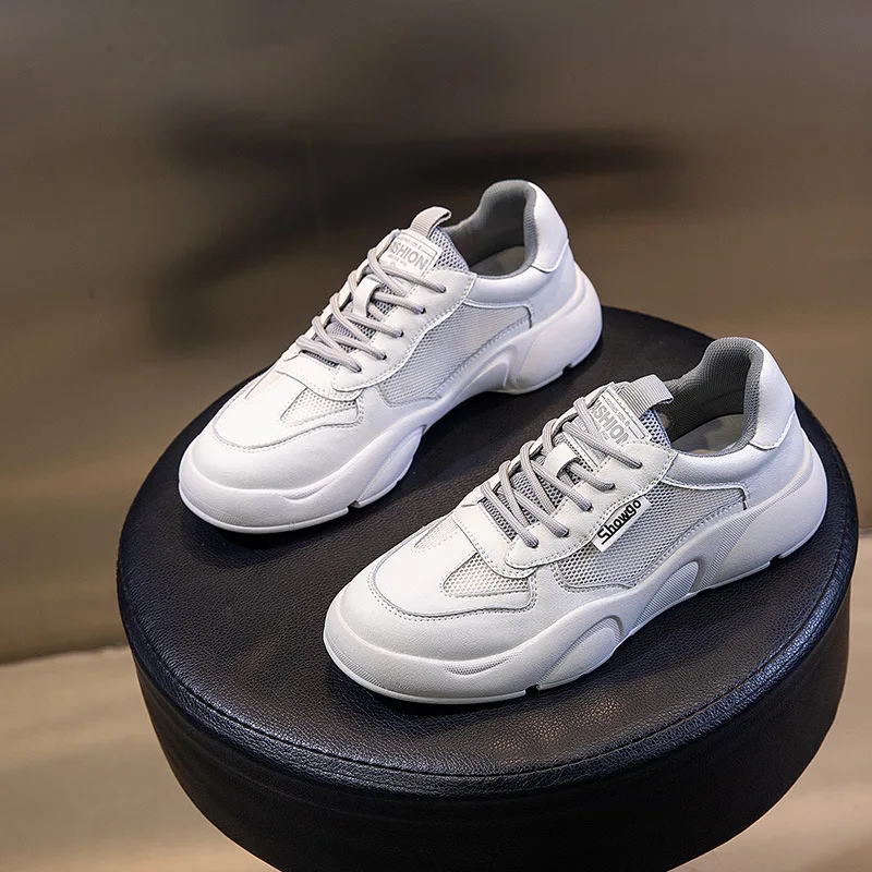 

Cowhide Women Sneakers Fashion Chunky Casual Thick Sole Breathable Lace Up Vulcanize Genuine Leather White Walking Student Shoes