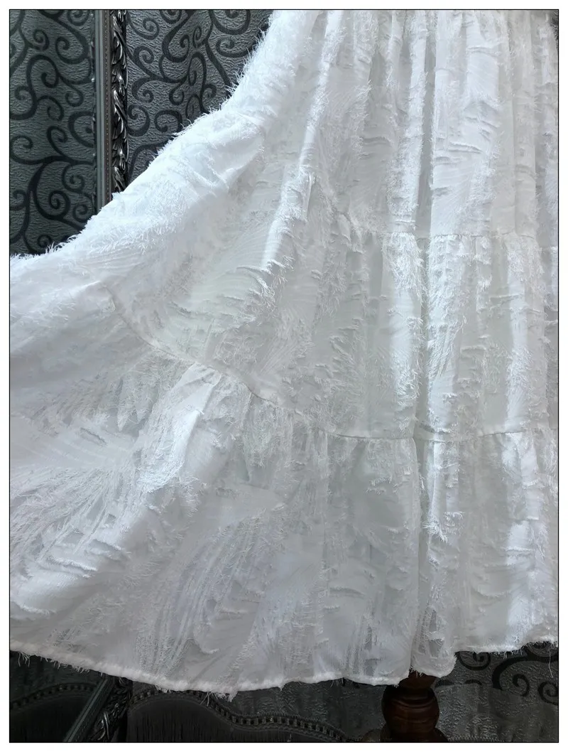 

White Lace 2020 Summer High Quality Women V-Neck Tassel Flower Patterns Puff Sleeve Mid-Calf Casual Sexy Beach Dress Lady