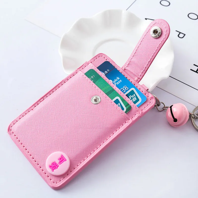 

Women Pink PU Leather Card Holder Business Card Case Student Cute Bell Hasp ID Credit Card Bag with Keyring for Lolita Girls