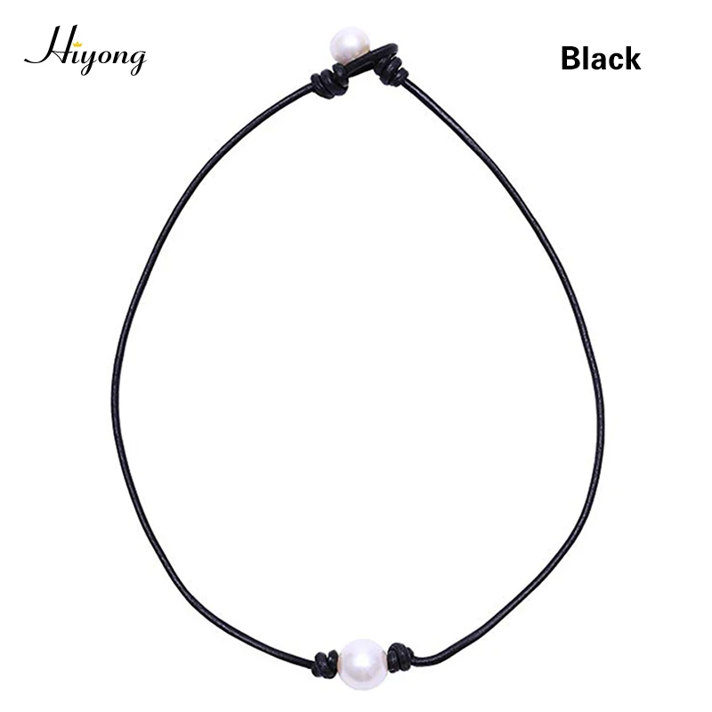 Pearl Necklace HIYONG, одиночное ожерелье-чокер из натурального культивированного пресноводного жемчуга для женщин и девочек, черное ожерелье из натуральной кожи, ювелирное изделие ручной работы - Окраска металла: Pearl Necklace