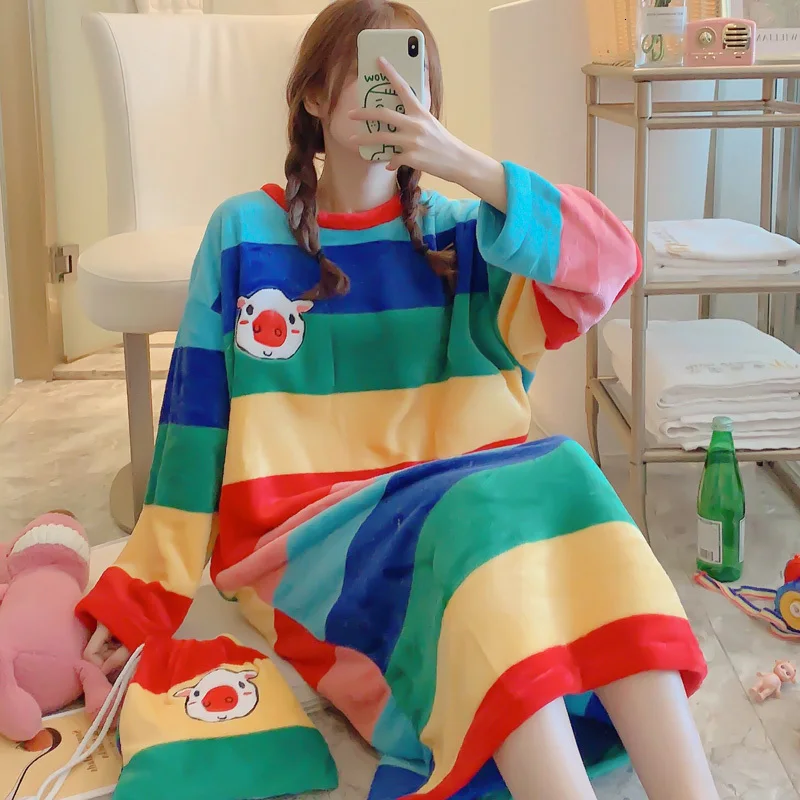 Теплая фланелевая ночная рубашка для женщин зимняя свободная Бархатная длинная