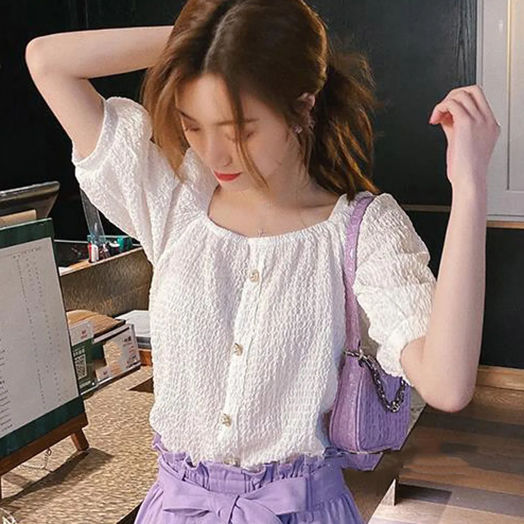 Женские летние футболки модные однотонные с пышными короткими рукавами и