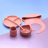 5pcsset childrens feeding tableware silicone bib kid rice bowl spoon divided dinner plate sets water cup baby training dishes