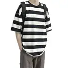 Футболка мужская с круглым вырезом, Стильная хлопковая Повседневная Свободная рубашка с короткими рукавами, с горизонтальными полоская2021