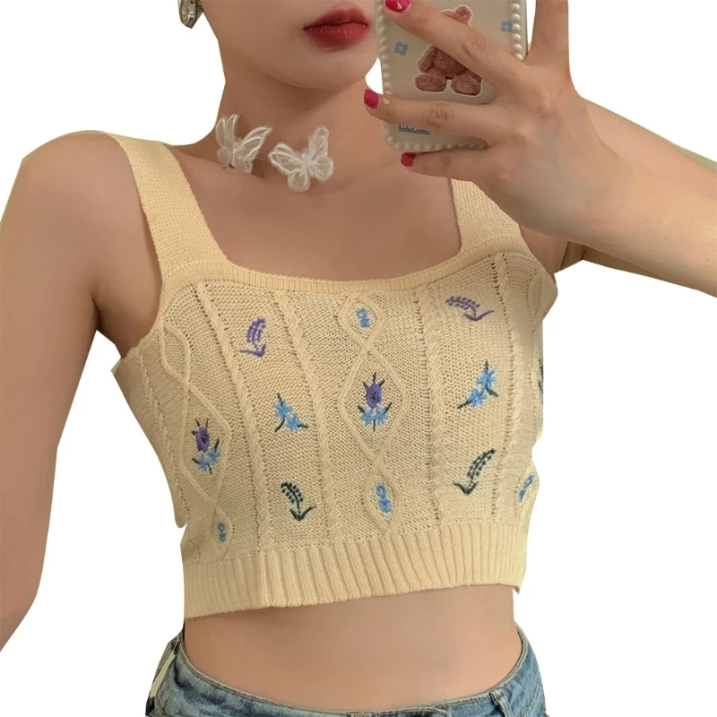 

Women Knitted Sleeveless Crop Top Floral Embroidery Square Neck Slim Short Vest