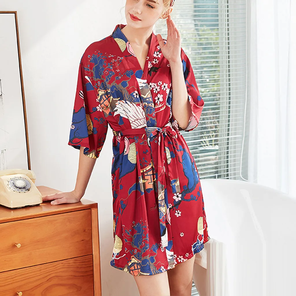 Женская одежда для сна халат ремень Печать Слинг атласное женское белье