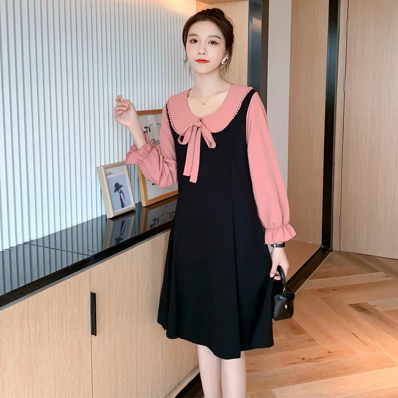 

Autumn Dress Maternity Pregnancy Clothes Fashion Sweet lace doll collar Long Sleeve Patchwork Pregnant Women Dress