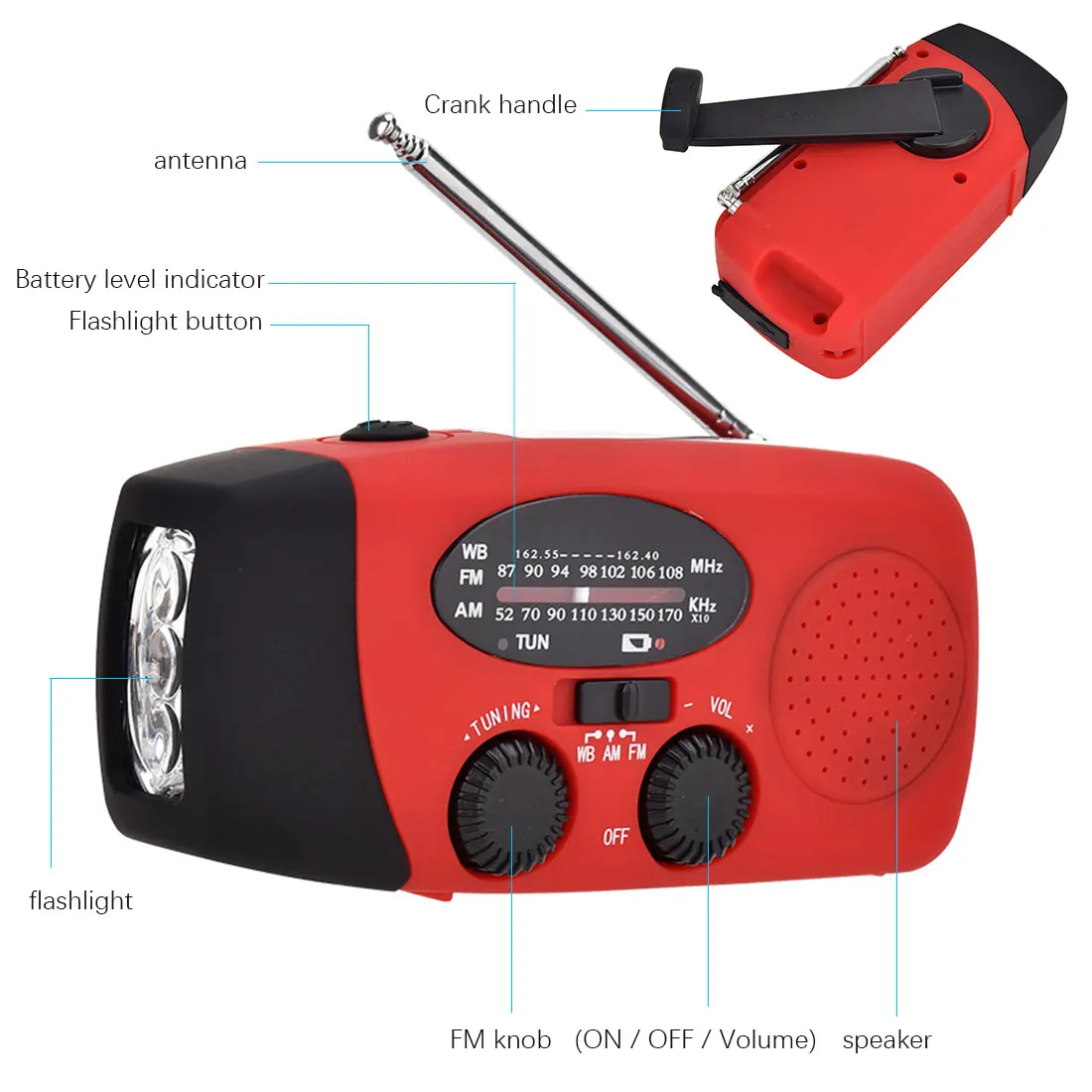 

Multifunctional light Hand Solar Radio Crank Dynamo Powered AM/FM/NOAA Weather Radio Use Emergency LED Flashlight and Power Bank