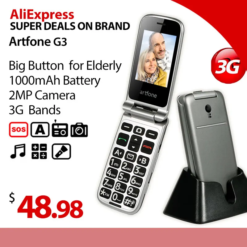 Téléphone portable à clapet Artfone 3G, écran de 2.4 pouces, Original, grand bouton, pas cher, smartphone à clapet  (0)