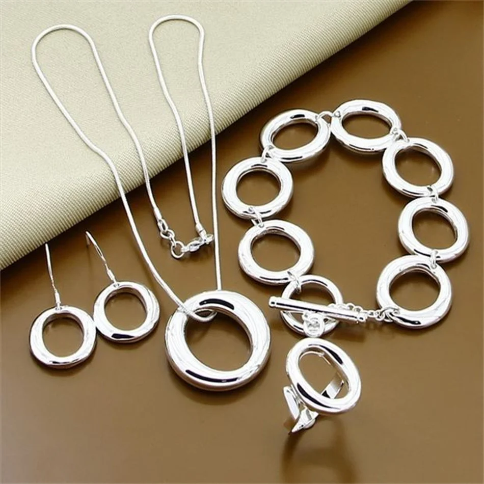 

Fashion Wedding Bridal Jewelry Set 925 Sterling Silver Round Necklace Bracelet Rings Earrings Set For Woman Jewelry Gift