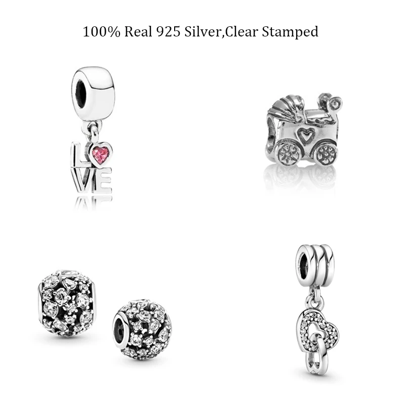 

Real 925 Sterling Silver Sparkling Round Beads Interlocking Heart Pendant Baby Carriage Charm Fits Original Bracelets Bangles