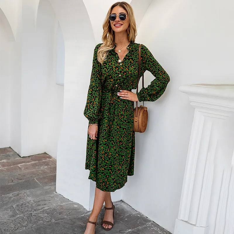 

Leopard Print Vintage Midi Dress Women Fashion Stand Collar Lantern Long Sleeve Elegant Ladies Dresses Casual Boho Beach Dress