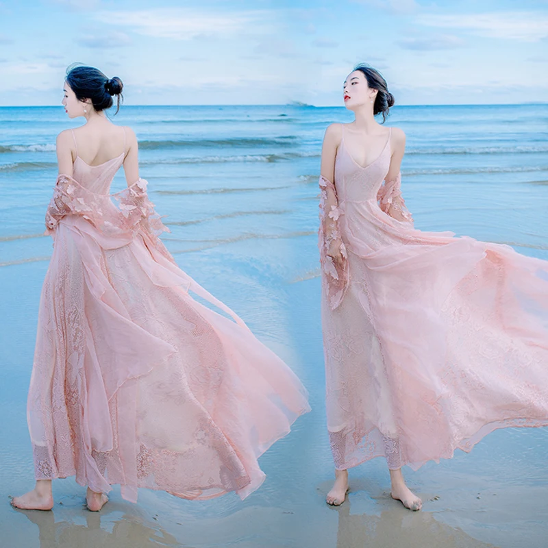 Женское длинное вечернее платье YOSIMI розовое кружевное макси из двух частей с 3D